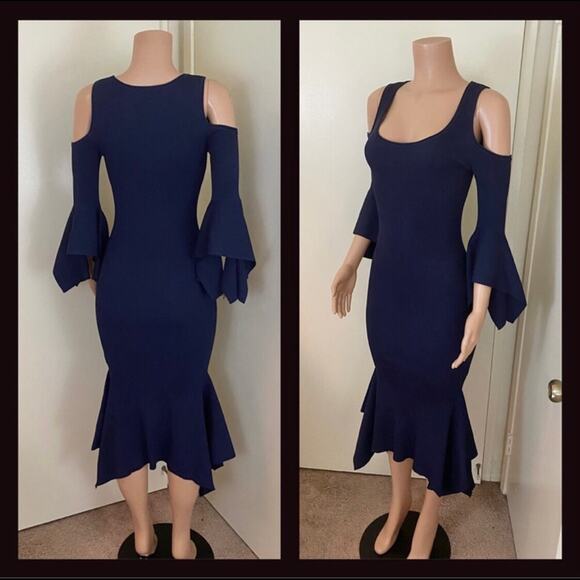 Bebe Ribbed Cold Shoulder Ruffle Trim MIDI Dress Size S NWT - Picture 2 of 6